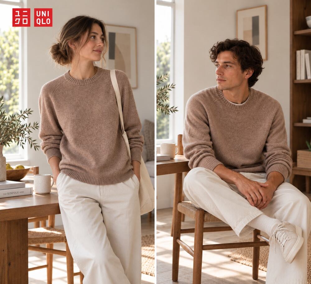 UNIQLO Premium Lambswool Crew Neck Sweater Beige Knit 100% Wool Unisex M